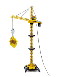 Yellow toy crane with a hook on a white background
