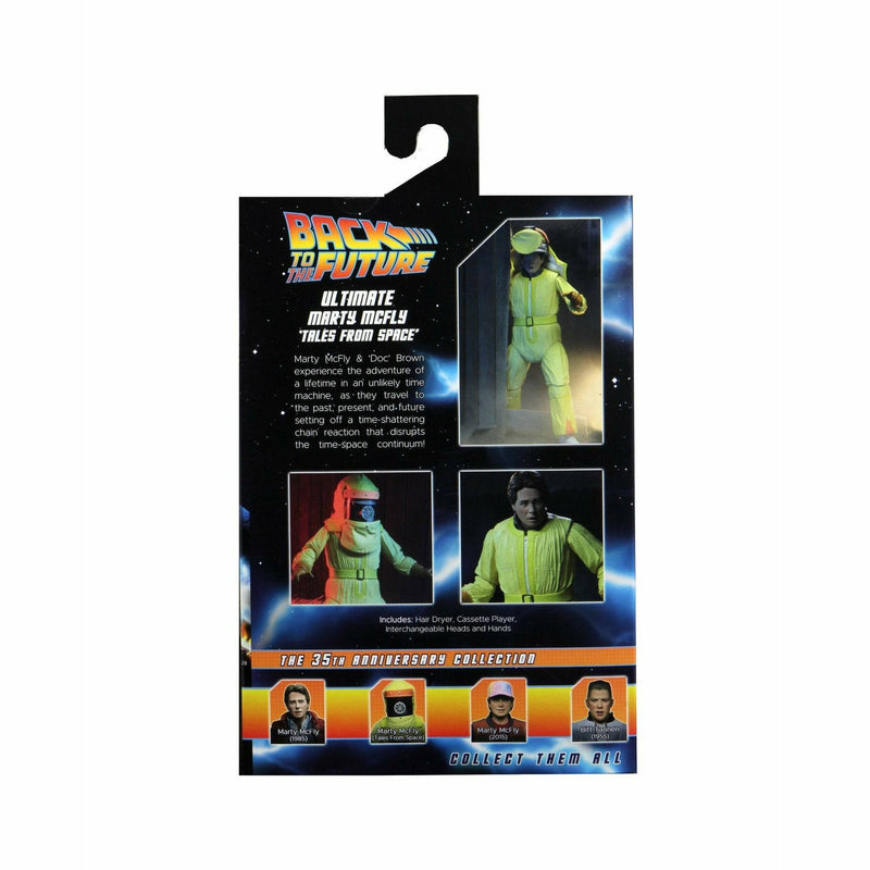 Back to the Future action figure packaging with character images and text.