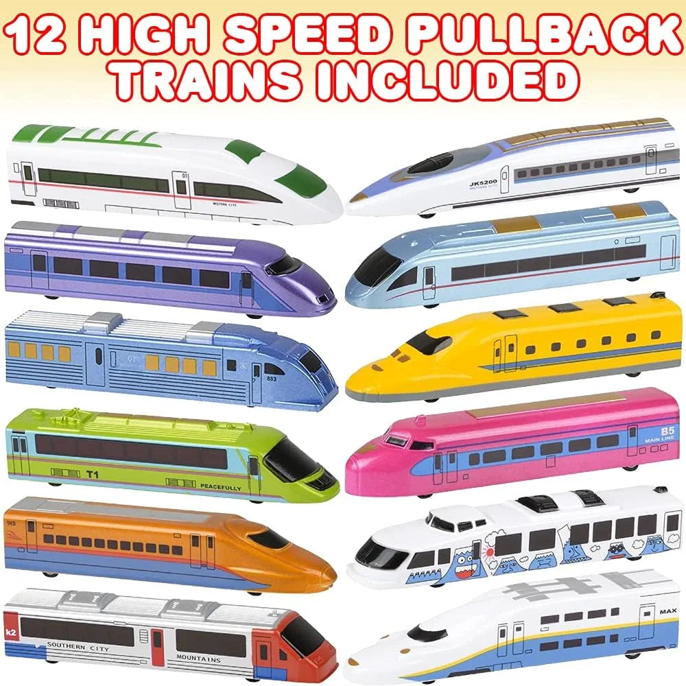 Pull Back Toy Trains – Set of 12 Mini Trains for Kids