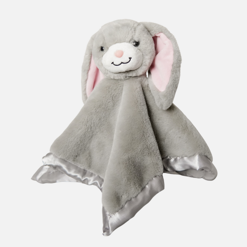 Gray bunny-shaped security blanket on a white background