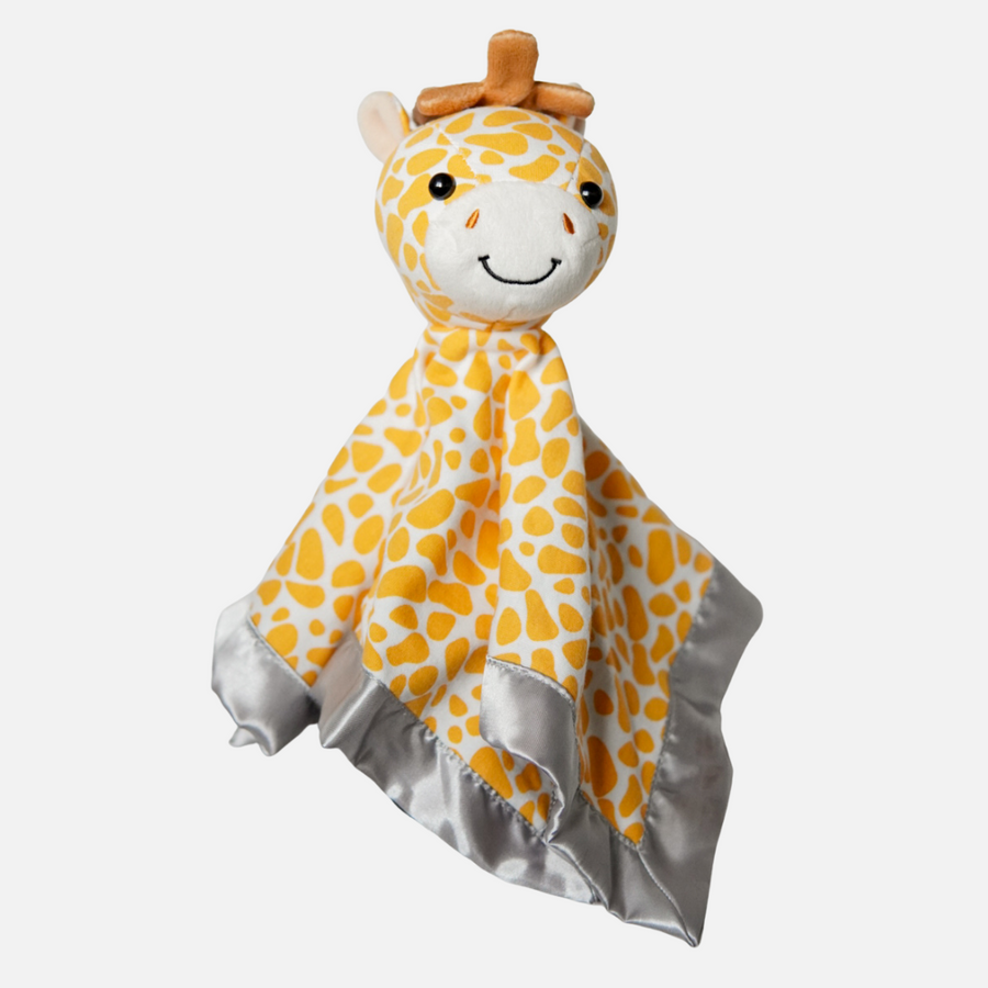Giraffe-shaped plush toy with a yellow and white pattern on a white background