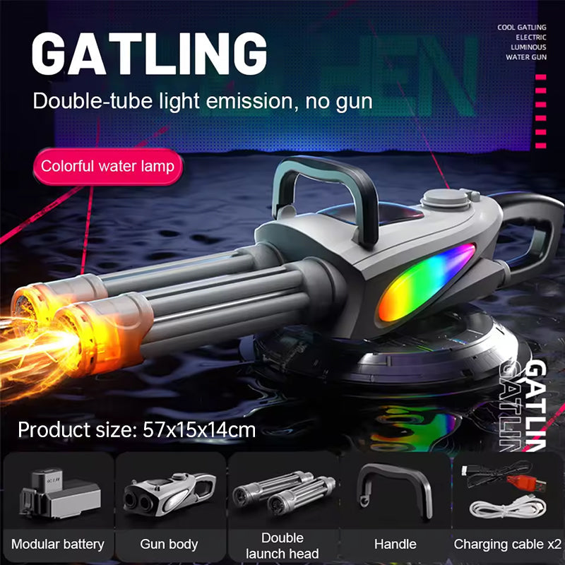 Electric LED Gatling Water Gun – Double-Barrel Auto-Spray Blaster with RGB Lights