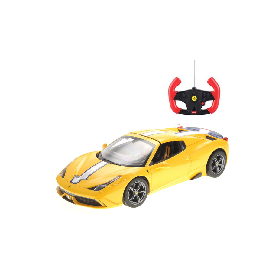 Ferrari 458 RC Car with Working LED Lights, 1:14 Scale, Convertible Roof, Yellow