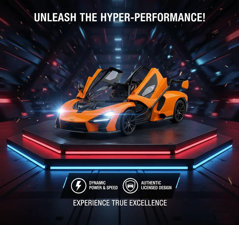 Orange sports car on a platform with dynamic lighting in a futuristic setting