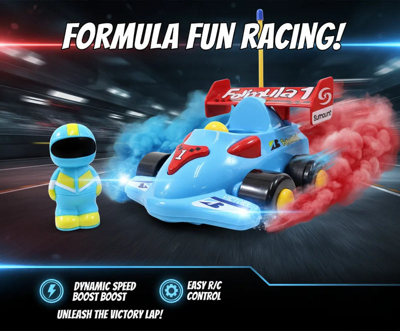 Toy race car with dynamic speed boost effect and character on a racing track background.