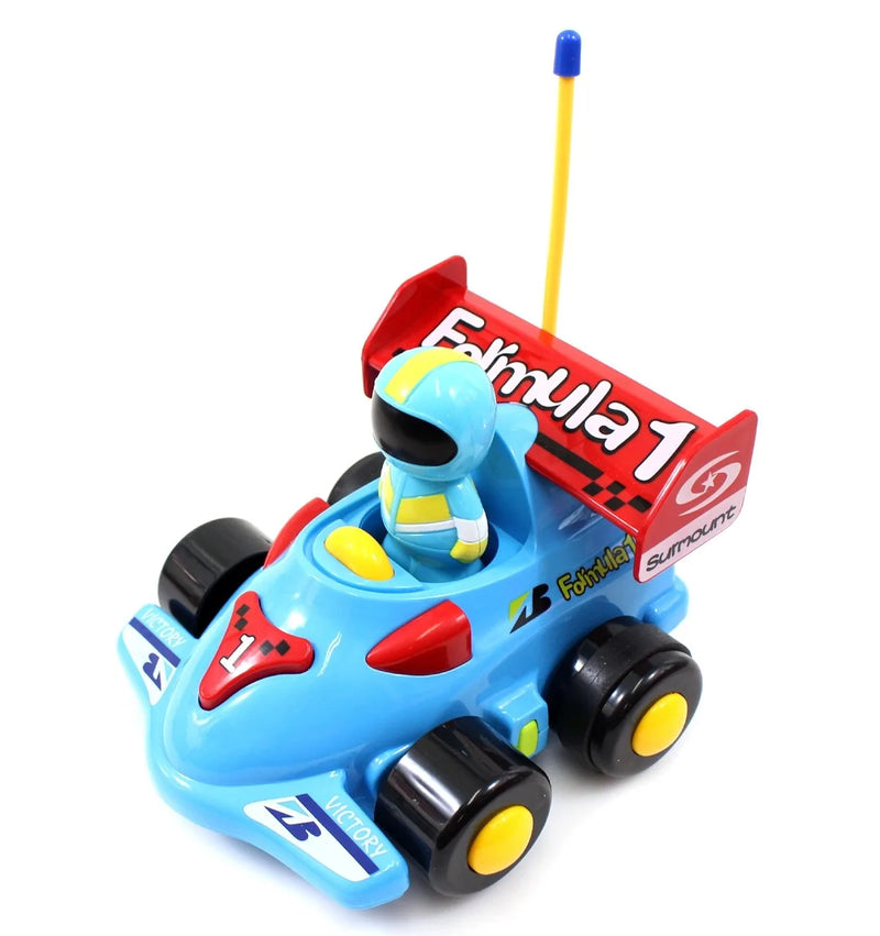 Toy race car with a driver figure on a white background