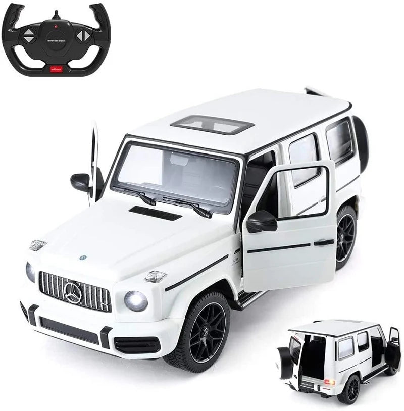 White toy SUV with open doors and a remote control on a white background