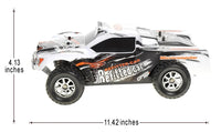 Model of a remote control car with dimensions indicated on a white background