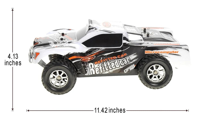 Model of a remote control car with dimensions indicated on a white background