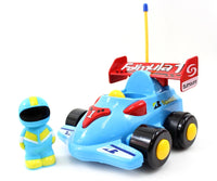 Toy race car with remote control and astronaut figure on a white background