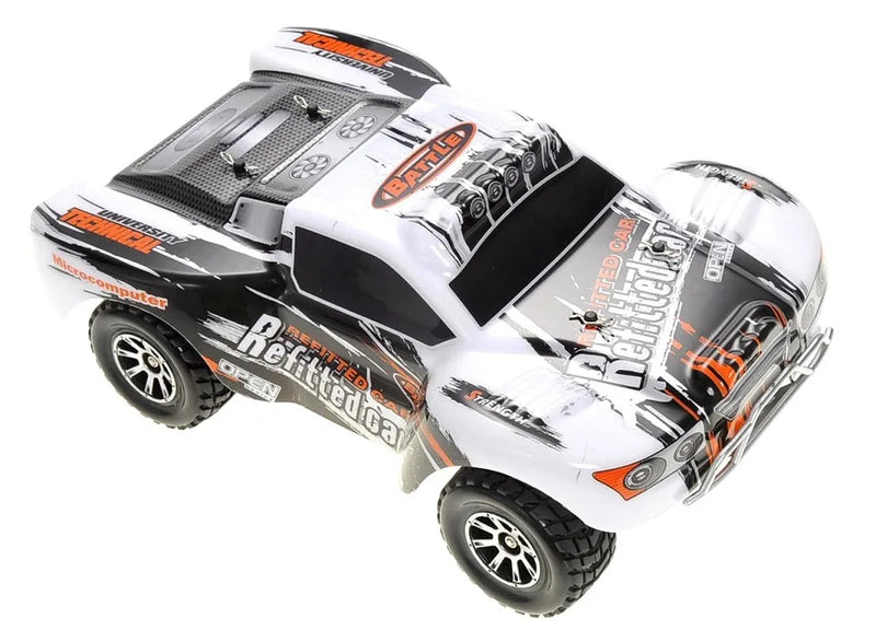 Model of a remote control car with detailed design on a white background