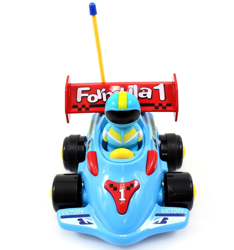 Toy Formula 1 car with a driver figure on a white background