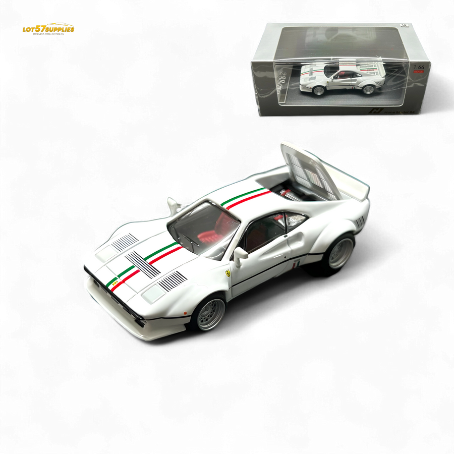 White model car with red and green stripes on a white background, accompanied by its packaging.