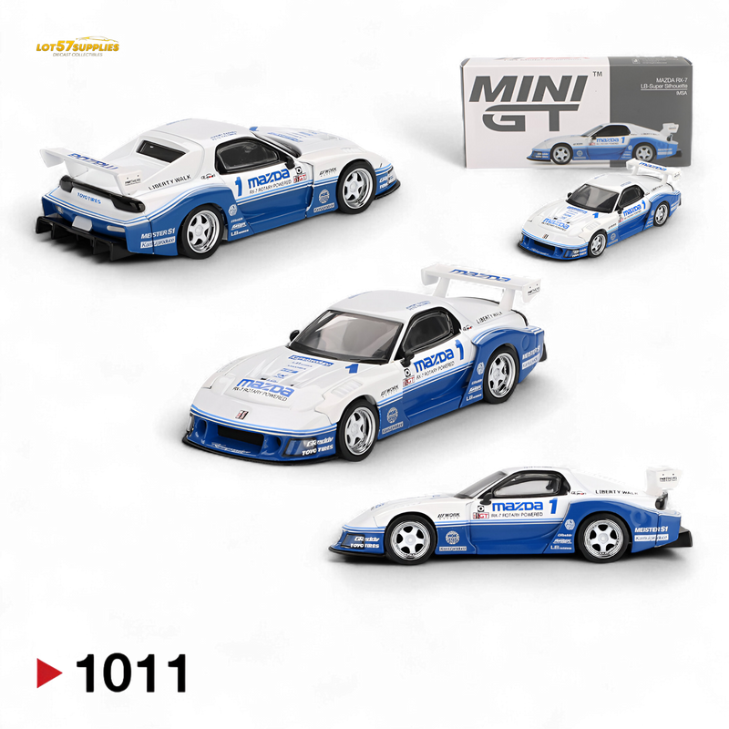 Set of four Mazda model cars with a 'MINI GT' box in the background on a white background.