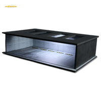 Black display case with transparent front on a white background