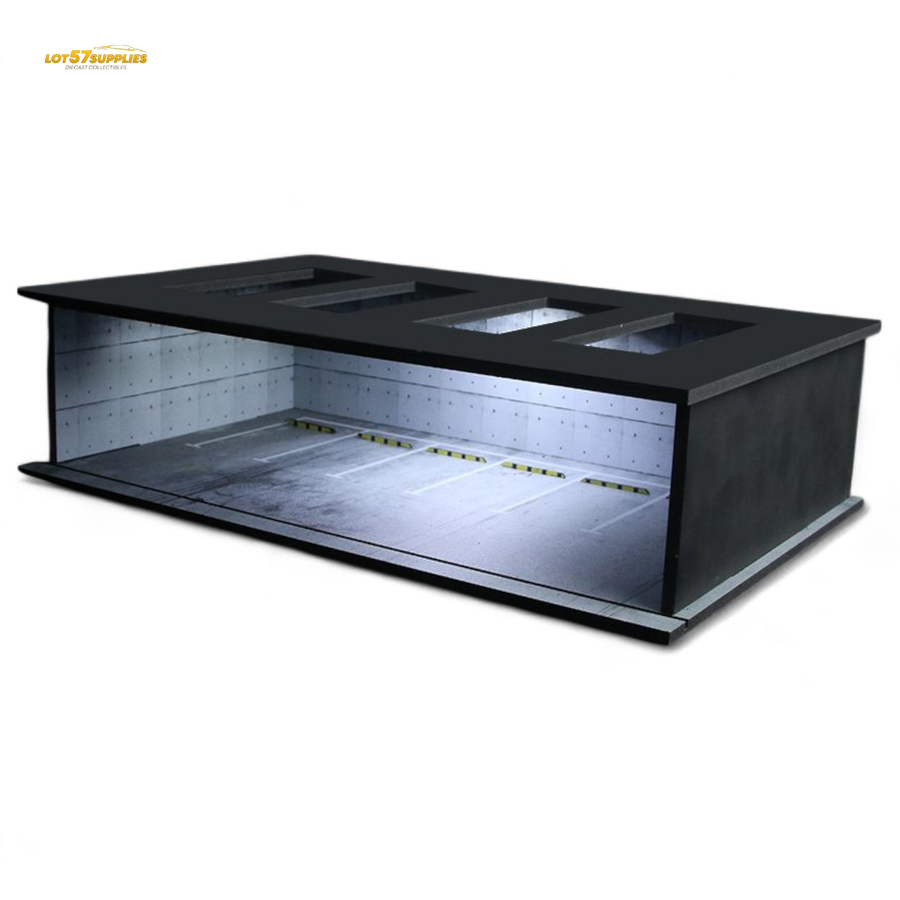 Black display case with transparent front on a white background