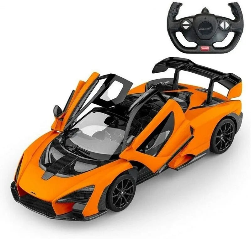 Orange toy sports car with black details and a steering wheel on a white background