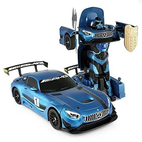 Toy robot transforming into a blue sports car on a white background