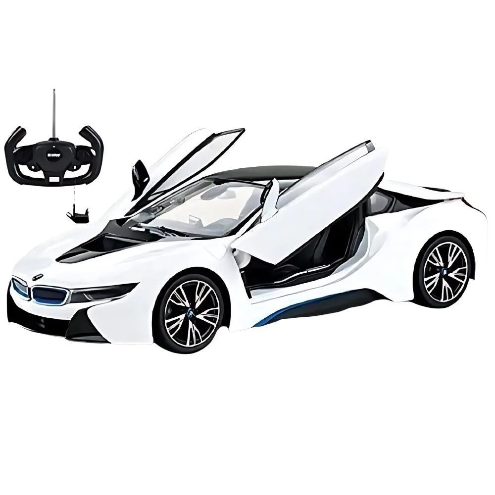 White toy car with open doors and a remote control on a white background