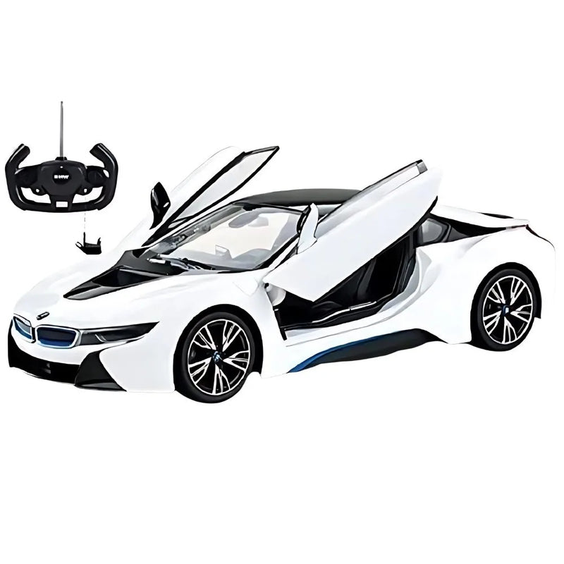 White toy car with open doors and a remote control on a white background