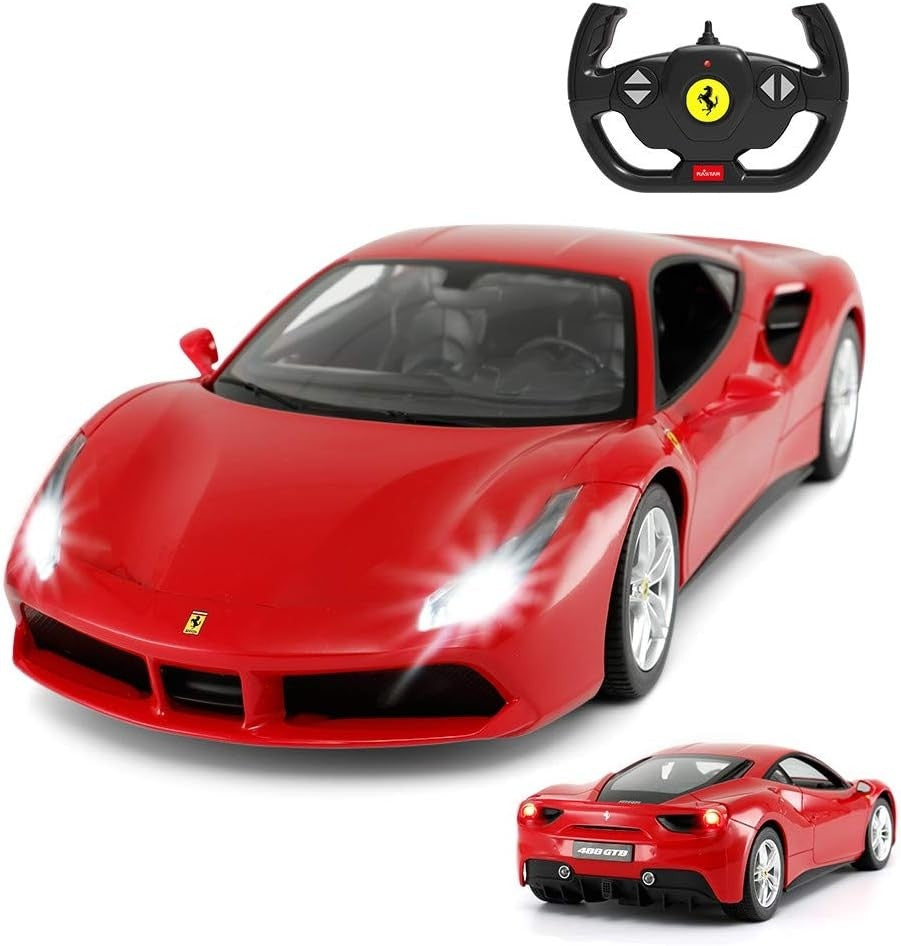 Red toy Ferrari car with remote control on a white background