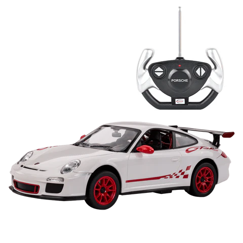 White Porsche model car with red accents and a remote control on a white background