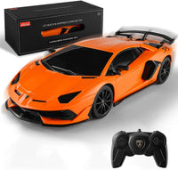 Orange toy sports car with black wheels and a remote control, featuring a branded box in the background.