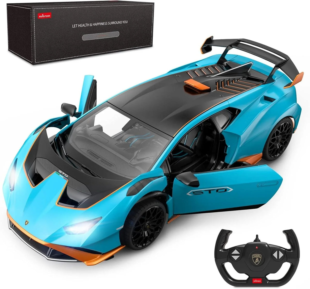 Blue toy sports car with open doors and a remote control on a white background