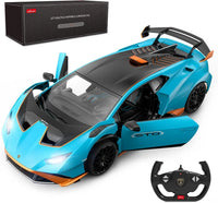 Blue toy sports car with open doors and a remote control on a white background