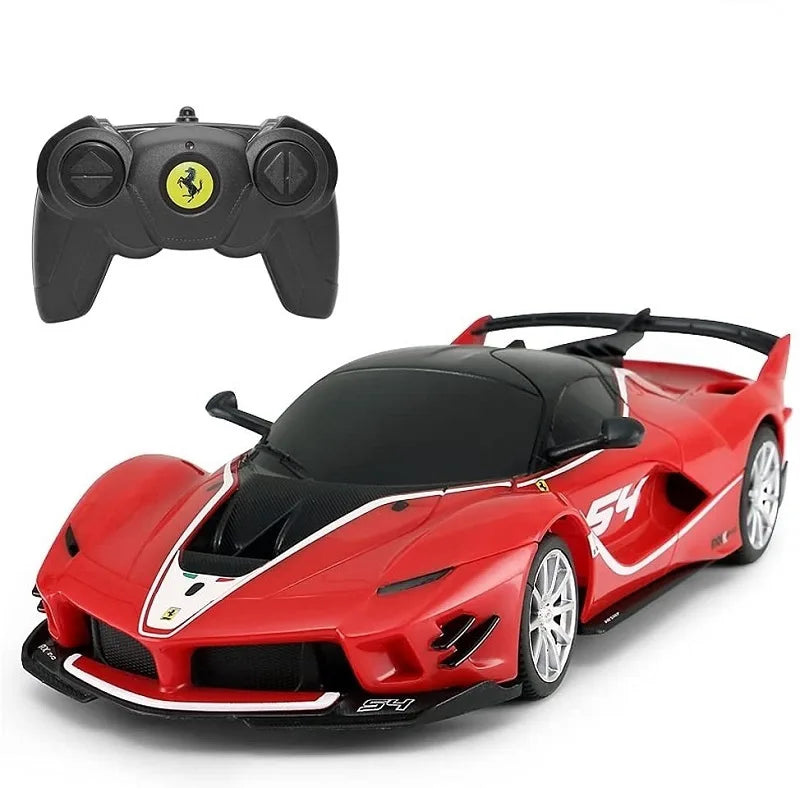 Red toy car with black and white details and a remote control on a white background