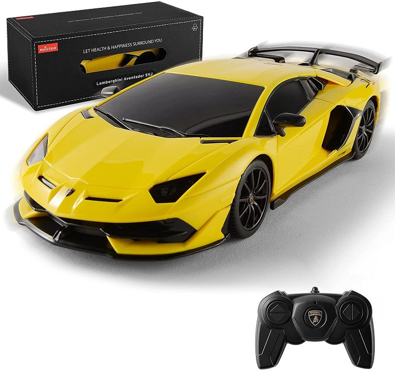 Yellow toy sports car with black details and a remote control on a white background