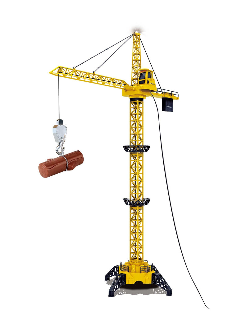 Yellow toy crane with a hook and cable on a white background