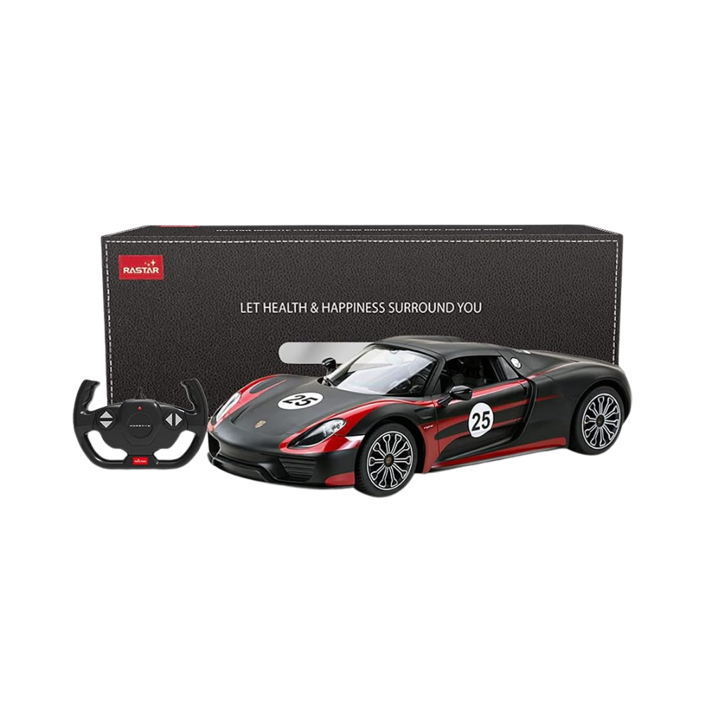 Porsche 918 Spyder RC Car with LED Lights, 1:14 Scale Model, Black