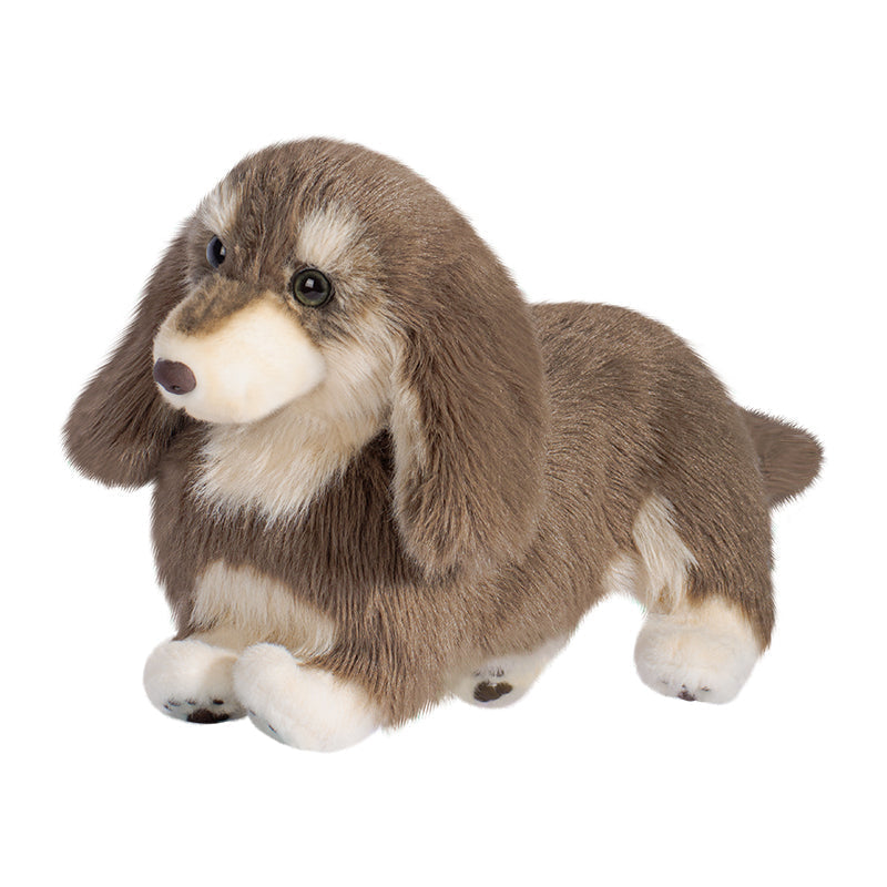 Plush toy resembling a dachshund with brown and white fur on a white background, branded 