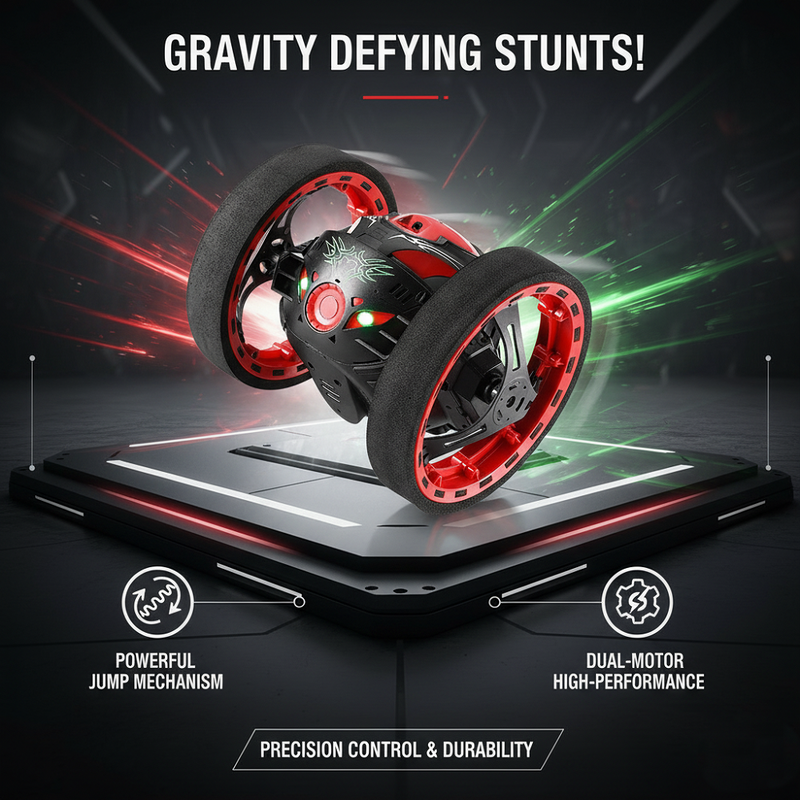 Toy car with red wheels performing a gravity-defying stunt on a dark background with text and icons.