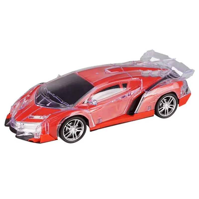 Red toy car with a clear plastic wrap on a white background