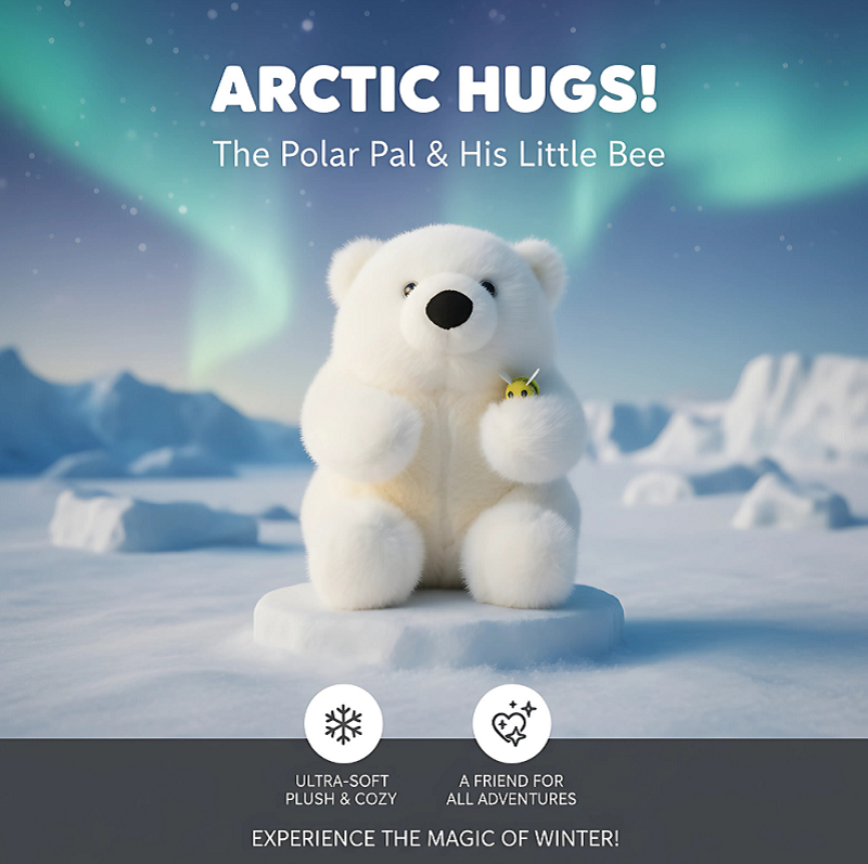 Plush polar bear with a bee on a snowy background with northern lights