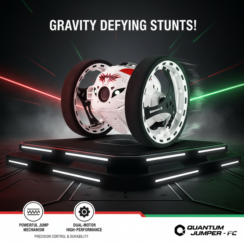 Toy vehicle with large wheels on a dark background with text 'Gravity Defying Stunts' and brand logo.
