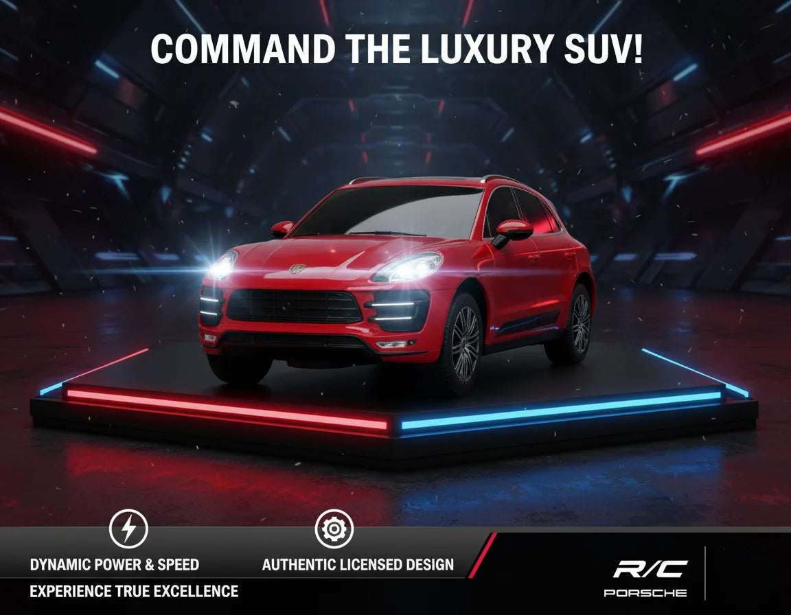 Red SUV on a platform with dynamic lighting effects and Porsche branding.