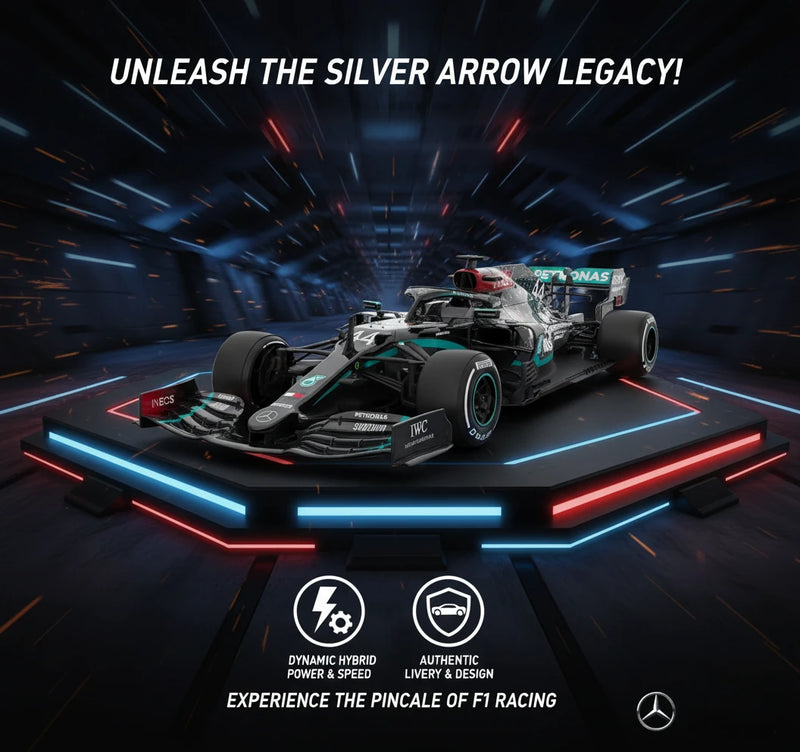 Formula 1 car with Mercedes-Benz logo on a dark background with dynamic lighting effects.