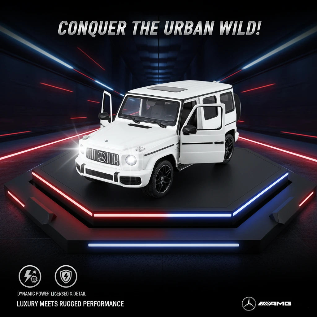 White SUV model on a dark platform with red and blue lights, featuring Mercedes-AMG branding.