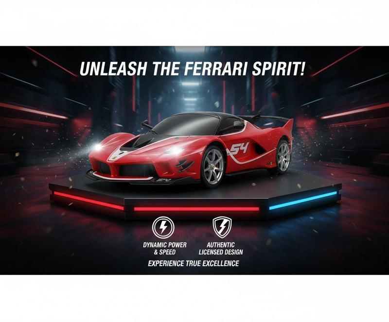 Red sports car on a platform with 'Unleash the Ferrari Spirit!' text in a dark, futuristic setting.
