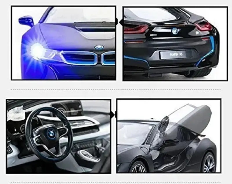 Collage of BMW i8 car features including front, side, interior, and exterior views.