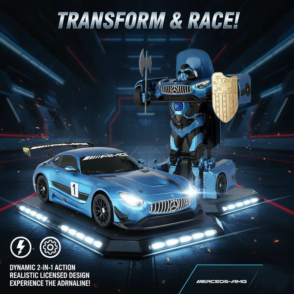 Toy robot transforming into a car with 'Transform & Race!' text on a dark background.