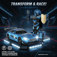 Toy robot transforming into a car with 'Transform & Race!' text on a dark background.