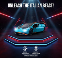 Blue sports car on a dark platform with dynamic lighting effects and text 'Unleash the Italian Beast!'.