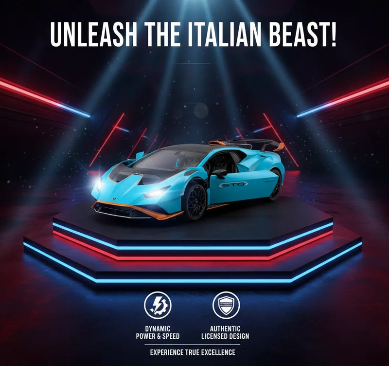 Blue sports car on a dark platform with dynamic lighting effects and text 'Unleash the Italian Beast!'.