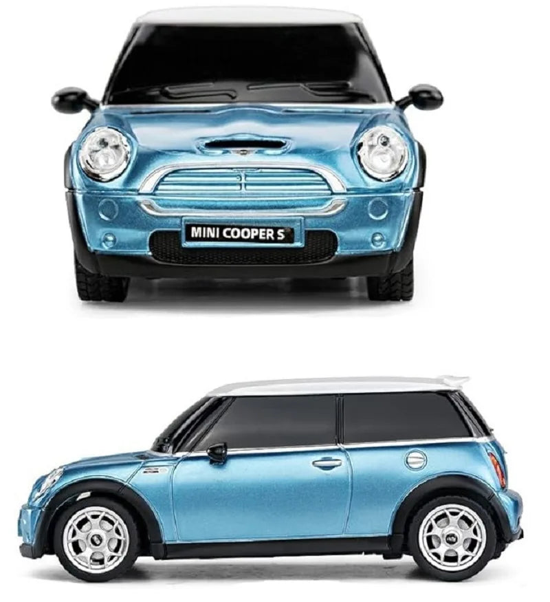 Blue Mini Cooper S car model on a white background
