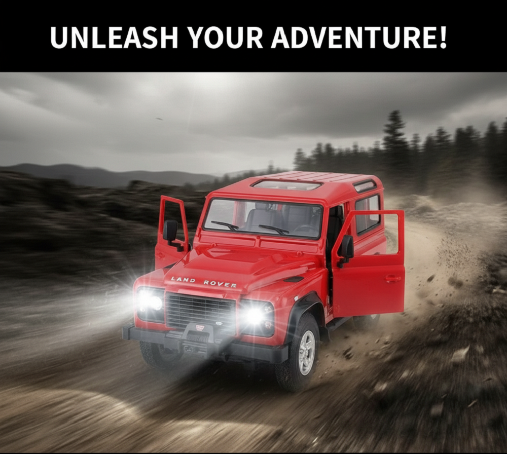 Red Land Rover driving on a dirt road with 'Unleash Your Adventure!' text above.