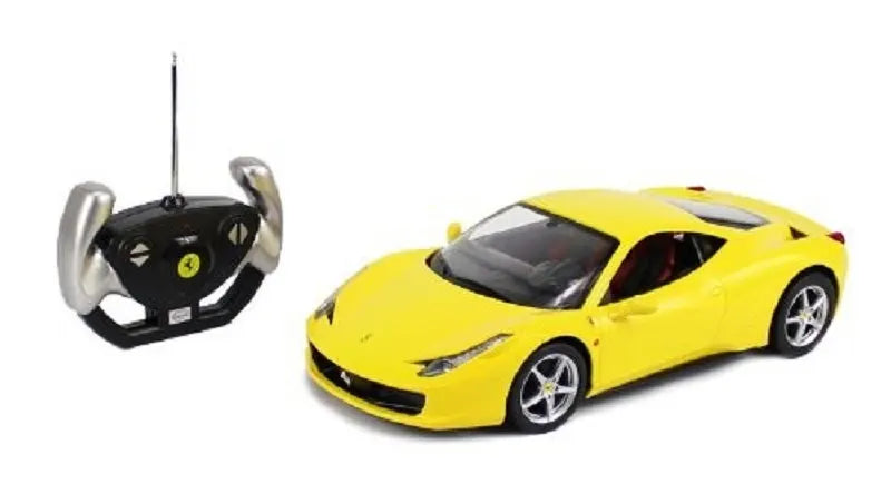 Yellow toy car with remote control on a white background